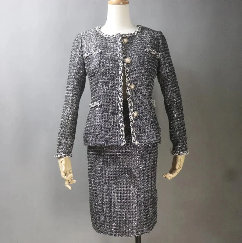 Women Custom Made Tweed Dark Grey Jacket + Dress/Shorts/ Pencil Skirt Suit Front Pockets Side Pockets Patch Pockets