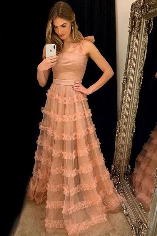 Pink Straps A-Line Tulle Long Party Dress,DP1786 Tunics Floral girly