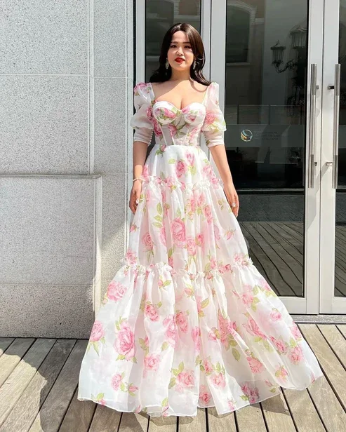 Floral Sweetheart A-Line Half Sleeves Chiffon Long Party Dress,DP1899 Tunics Chic elegant