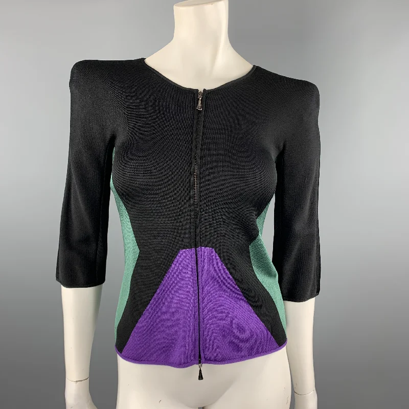 GIORGIO ARMANI Size 2 Black Green & Purple Color Block Shoulder Pad Jacket Print Jacket Jacquard Jacket Patchwork Jacket