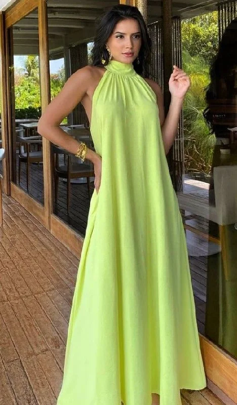Green Halter A-Line Long Party Dress Unique Wedding Guest Dress, DP3464 Tunics Exclusive limited