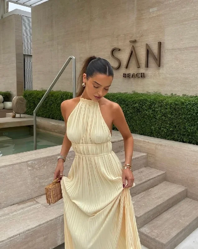 Elegant Halter Backless A-Line Pleated Elegant Party Dress with Slit, DP2461 Tunics Versatile functional