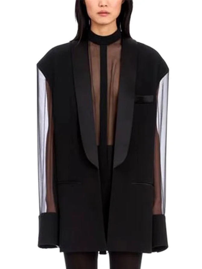 Black Sheer-Paneled Oversize Blazer Dress Women's Custom Jacket