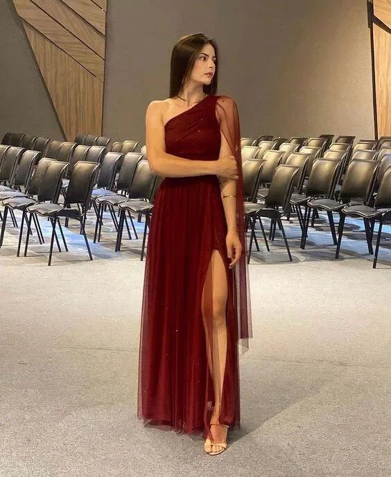 Rust Red One Shoulder A-Line Tulle Evening Gown Formal Long Party Dress, DP3316 Tunics Sophisticated sleek