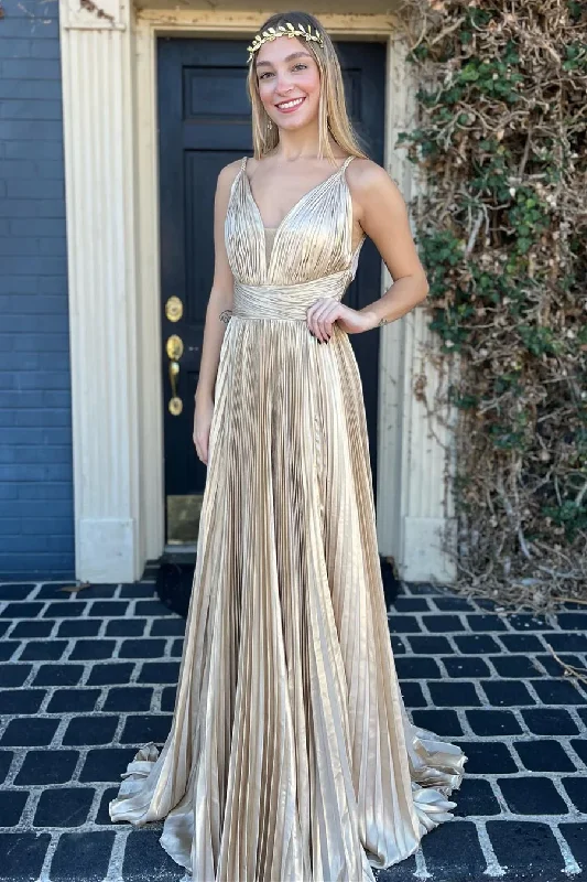 Champagne V Neck Spaghetti Straps A-Line Formal Party Dress, DP2033 Pleated Skirt Elegant