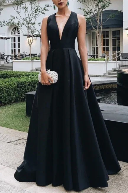 Elagant Black A-Line Deep V Neck Formal Long Party Dress, DP2132 Tunics Summer linen