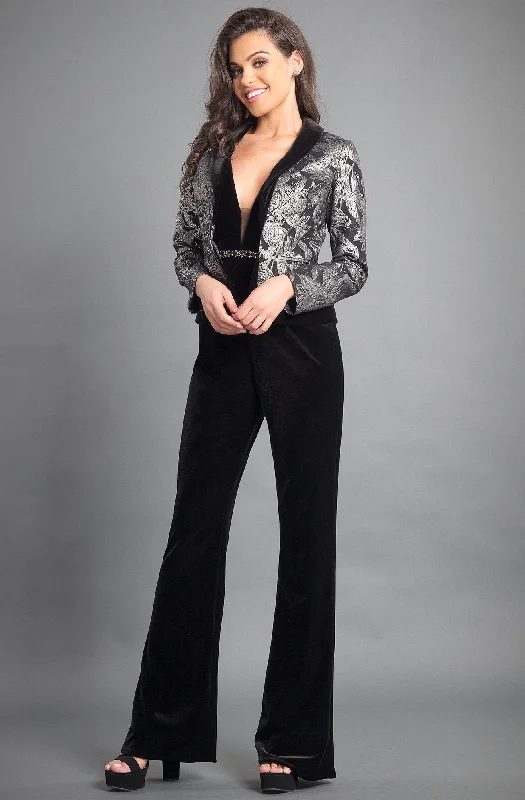 Rachel Allan Couture 8353 - Plunging V-Neck Jumpsuit with Jacket Front Pockets Side Pockets Patch Pockets