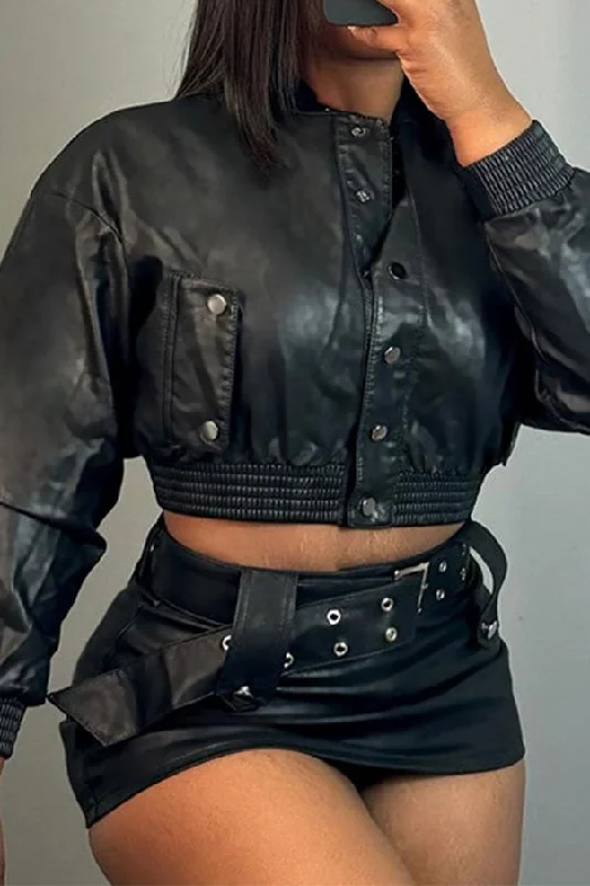 storexq Solid Color PU Punk Belted Jacket & Skirt Denim Jacket Leather Jacket Suede Jacket
