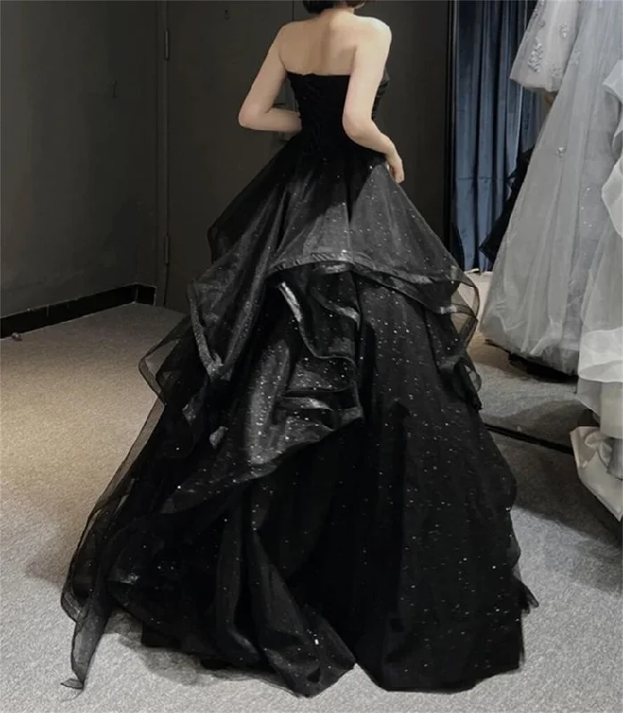 Black Shiny Sweetheart Strapless A-Line Long Party Dress Evening Gown,DP1861 Chiffon Maxi Beach