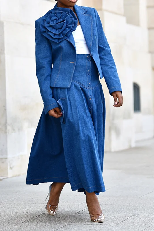 Chic Three-dimensional Floral Denim Blazer & Skirt Set Women's High-End Blazer