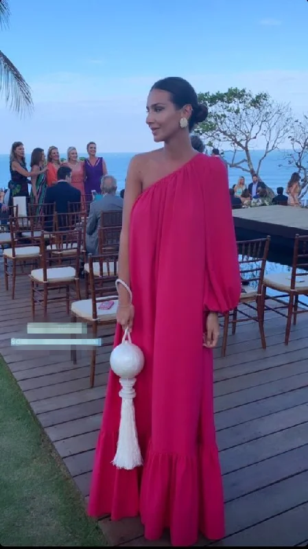 Hot Pink One Shoulder A-Line Long Party Dress Guest Dress, DP3460 Tunics Sale discount