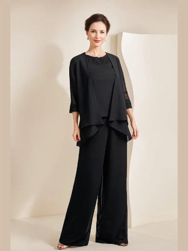 Black Chiffon Scoop 3/4 Sleeves Mother of the Bride Pantsuits with Appliques & Jacket Chenille Jacket Brocade Jacket Lace Jacket