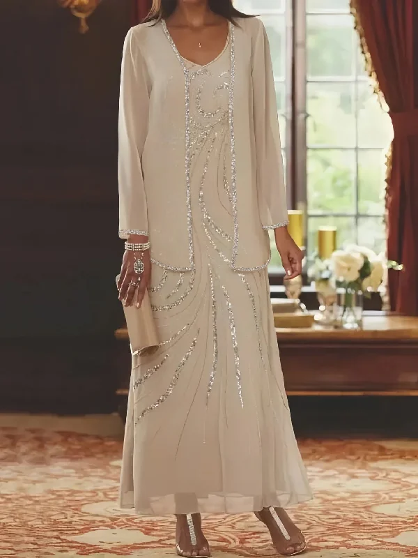 Sheath/Column V-Neck Ankle-Length Mother of the Bride Dresses with Jacket & Sequins V-Neck Jacket Boat Neck Jacket Square Neck Jacket