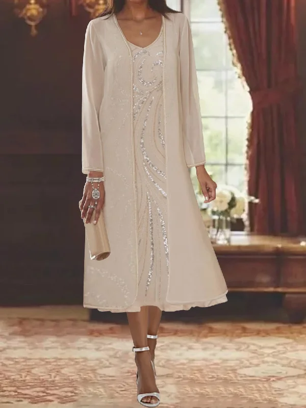 Sheath/Column V-Neck Long Sleeves Tea-Length Mother of the Bride Dresses with Jacket & Sequins Insulated Jacket Fitted Jacket Loose Jacket