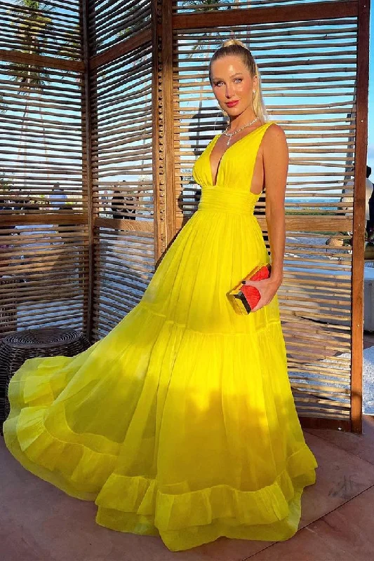 Yellow V Neck A-Line Long Formal Party Dress Chiffon Guest Dress, DP3400 Tunics Chic fashionable