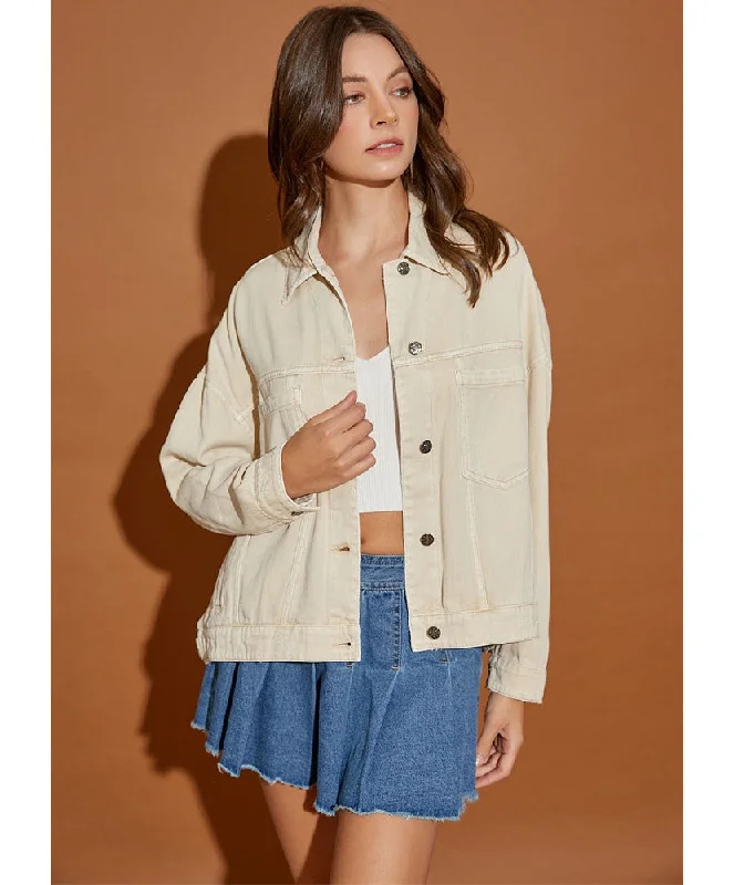 Kayla Back Pleated Denim Jacket Welt Pockets Slit Pockets Flap Pockets