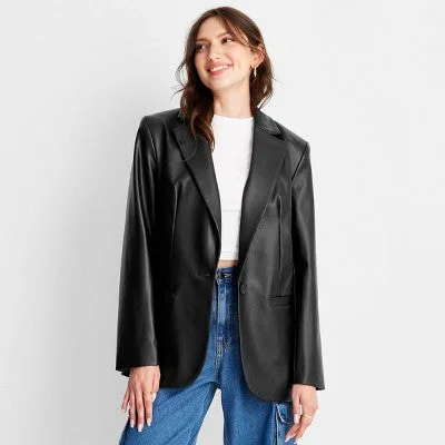 A New Day Women's Button Up Faux Leather Blazer Jacket Fleece Jacket Down Jacket Parka