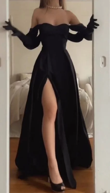 Elegant Black Off Shoulder A-Line Long Party Dress with Slit, DP2712 Tunics Wedding white