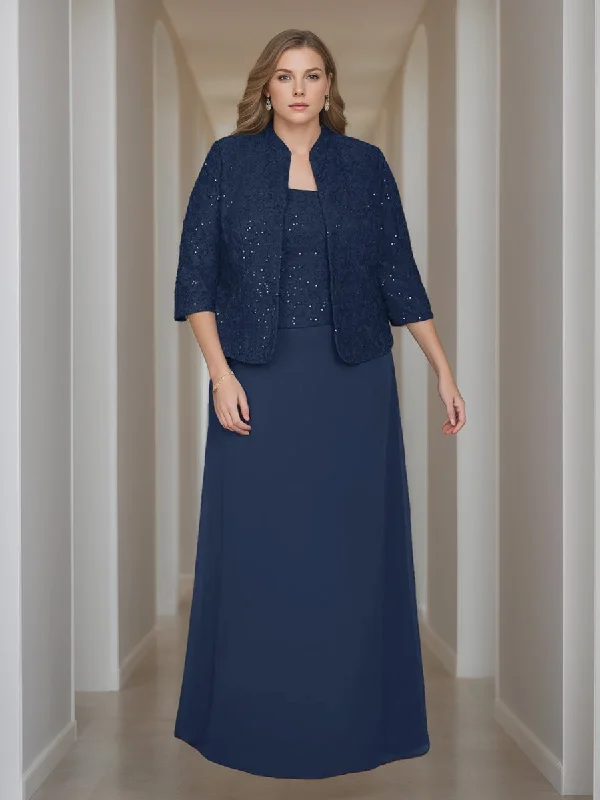 Sheath/Column 2 Pieces Square Neck 3/4 Length Sleeves Floor-Length Mother of the Bride Dresses with Jacket, Lace & Sequins Anorak Shell Jacket Lightweight Jacket