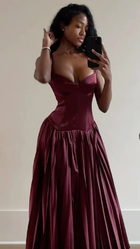 Burgundy Spaghetti Straps A-Line Long Party Dress Birthday Outfits, DP3334 Tunics Chic elegant