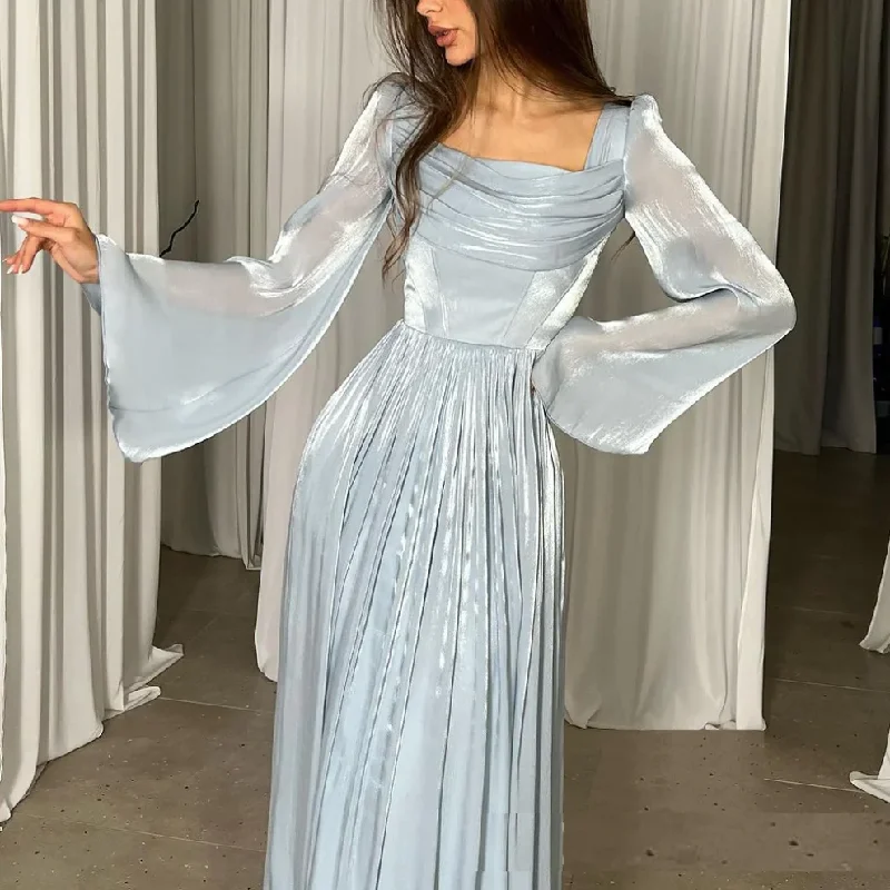 Blue Chiffon Pleated Long Sleeves Elegant A-Line Party Dress, DP2235 Tunics Corduroy durable