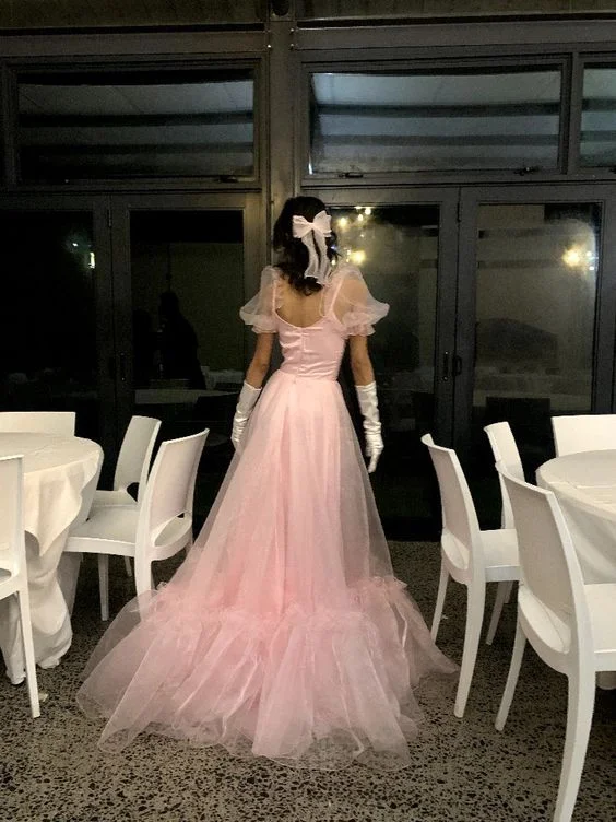 Pink Sweetheart Tulle A-Line Long Party Dress Birthday Outfits, DP2711 Tunics Prom sequined