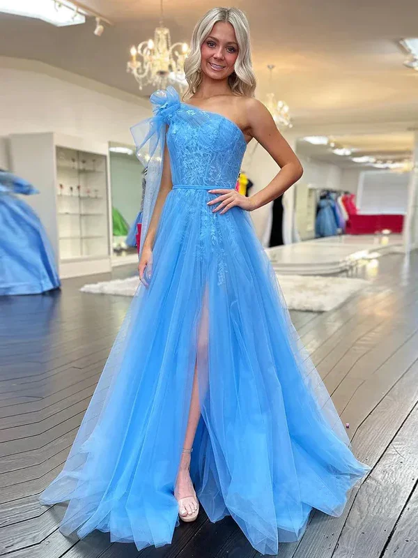 Elegant Blue One Shoulder A-Line Tulle Lace Long Party Dress, DP2067 Tunics Luxurious premium