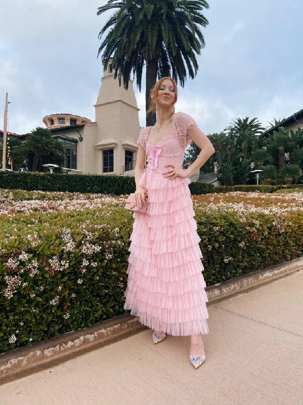 Pink A-Line Tulle Tiered Lace Long Party Dress, DP2055 Tunics Sophisticated sleek