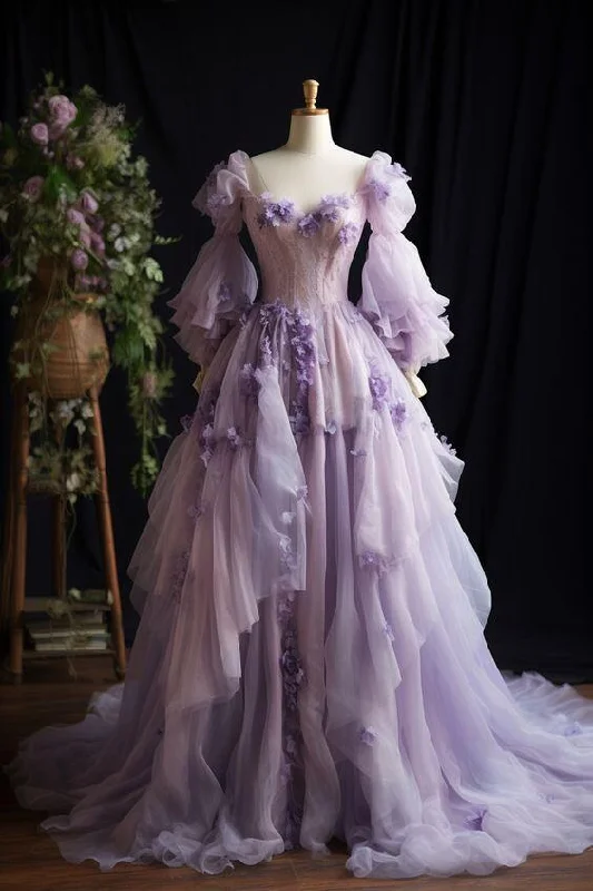 Lavender Long Sleeves Lace Appliques A-Line Long Party Dress Evening Gown, DP2796 Tunics Travel practical