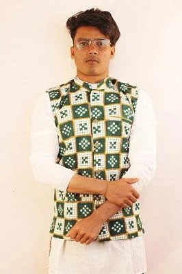 Sambalpuri Designer Gents Half Jacket in  White, Green & Golden Color Satin Fabric Silk Fabric Chiffon Fabric