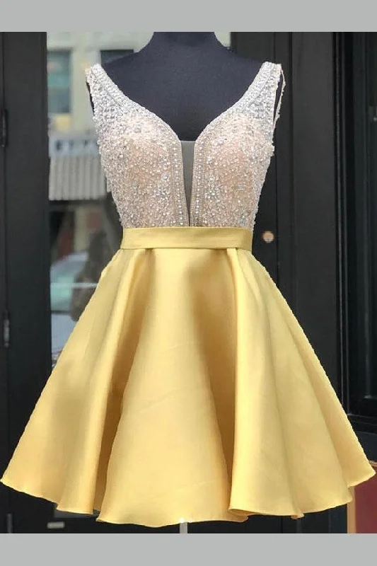 Plunging Crystals Homecoming Party Dress with Satin Skirt Tunics Seasonal trendy