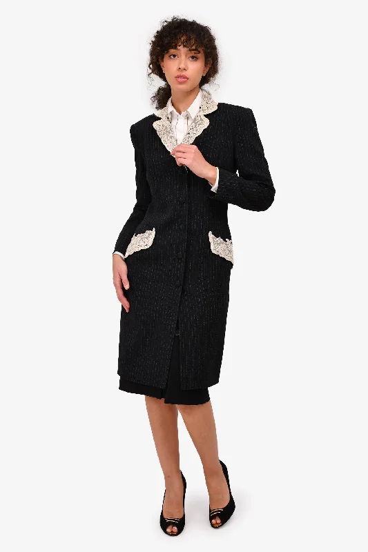 Christian Dior by John Galliano Vintage Black Pinstripe Wool Blazer Dress With Cream Lace Trim Size 6 US Women's Vintage Jacket
