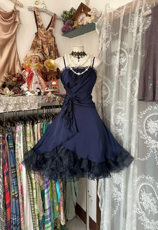 Navy Blue Straps A-Line Satin Vintage Short Party Dress Homecoming Dress, D340 Tunics Velvet soft