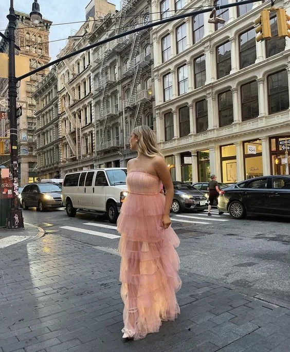 Pink Strapless Tulle Tiered A-Line Long Party Dress,DP1833 Pleated Skirt Elegant