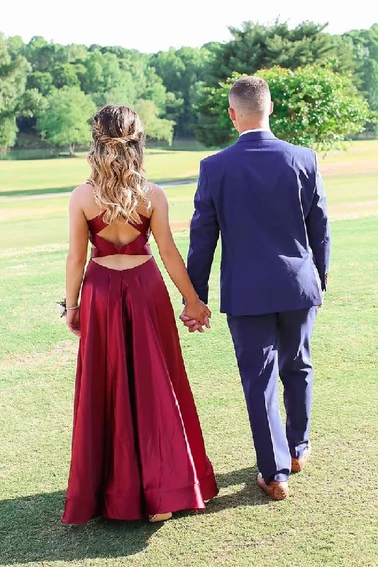 Burgundy V Neck A-Line Satin Formal Long Party Dress, DP1998 Off-the-shoulder Chic Trendy