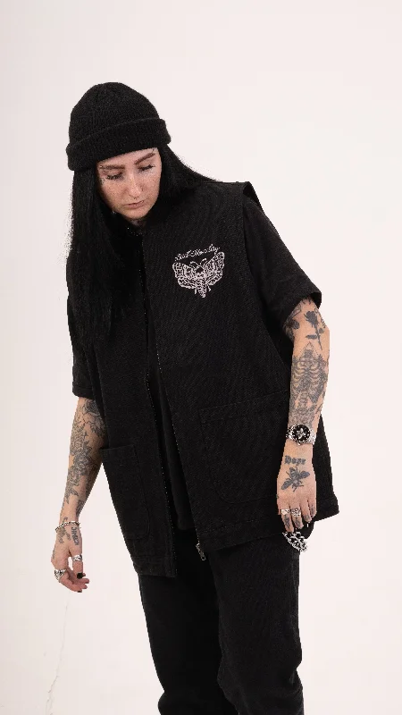DM Canvas Vest Jacket Black Zippered Jacket Buttoned Jacket Snapped Jacket