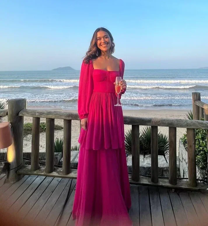 Long Sleeves A-Line Rose Red Formal Party Dress, DP2436 High-Low Hemline Casual