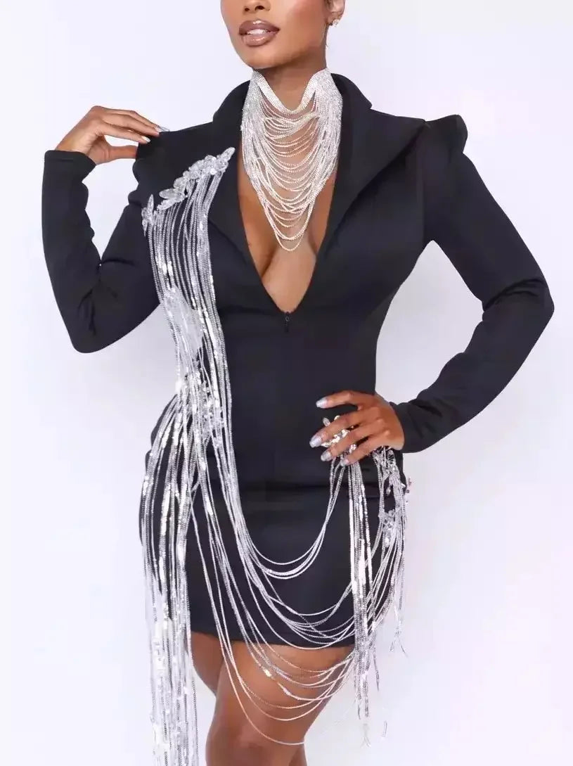 Butterfly Patch Embroidered Draped Crystal Chain Blazer Dress Women's Classic Blazer