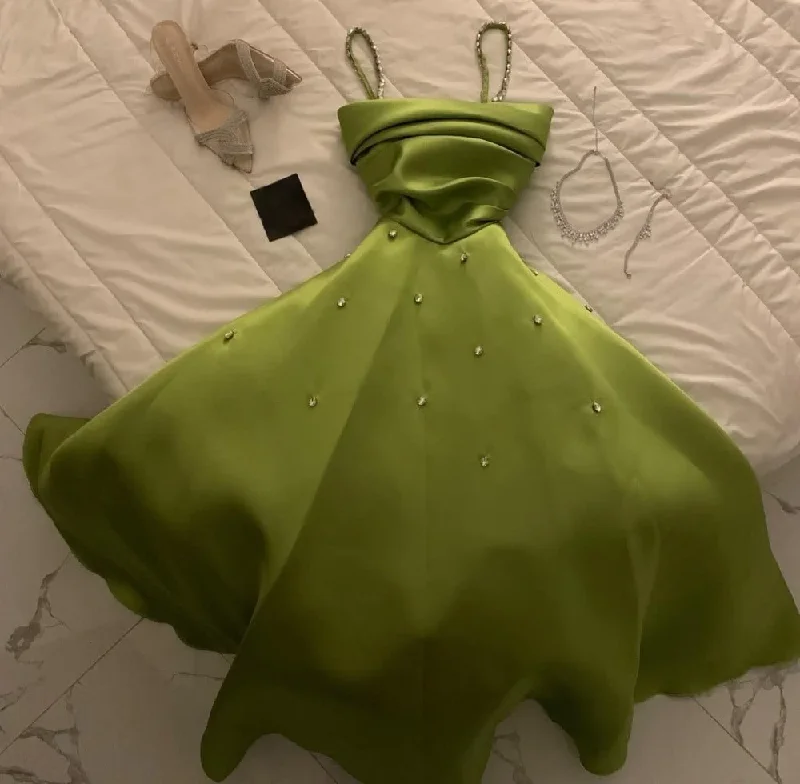 Green Spaghetti Straps A-Line Satin Long Party Dress with Beadings, DP3508 Tunics Designer luxury