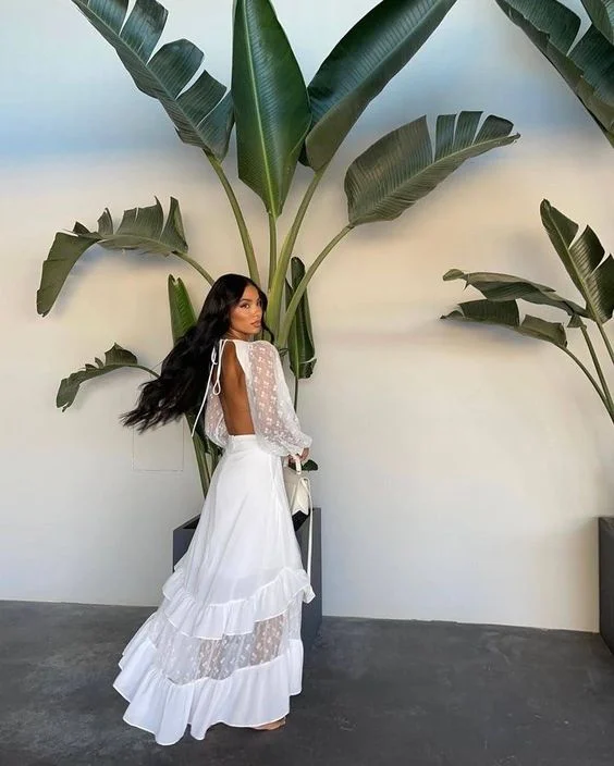 White Long Sleeves Backless A-Line Long Party Dress, DP2073 Tunics Recommended stylist