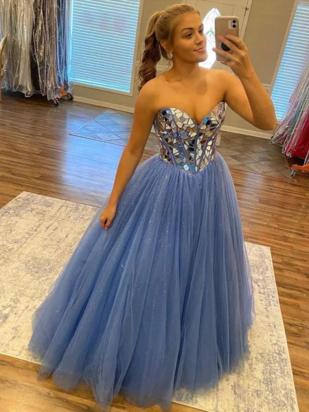 Sweetheart Blue Party Dress Strapless A-Line Evening Gown, DP2255 Tunics Floral girly