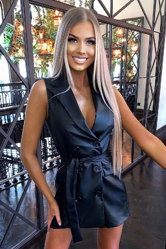 Black Faux Leather Blazer Dress - Derri Women's Custom Jacket