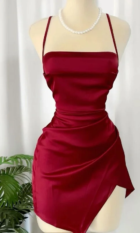 Wine Red Straps Sheath Satin Short Party Dress Homecoming Dress, MD7873 Tunics Bestseller popular