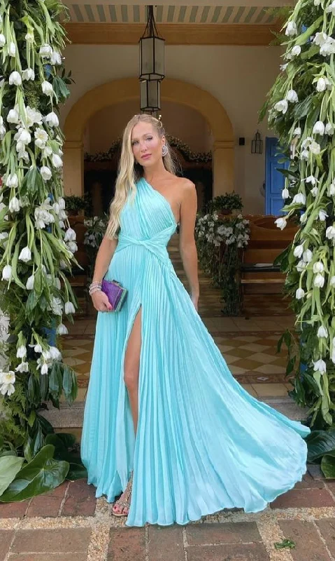 Blue One Shoulder A-Line Pleated Long Party Dress Evening Dress,DP1808 Boatneck Modish Everyday