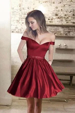 Off-the-shoulder Satin Burgundy Cocktail Party Dress with Beaded Belt Square Neckline Feminine