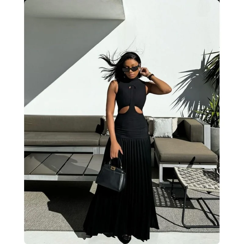 Sleeveless Pleated Flowy Maxi Elegant Cocktail Party Dress. Peplum Ruffle Cocktail