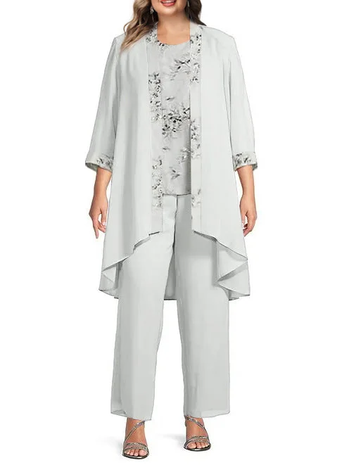 Chiffon Round Neck Floor-Length Plus Size Mother of the Bride Pantsuits with Jacket Embroidered Jacket Appliqued Jacket Beaded Jacket