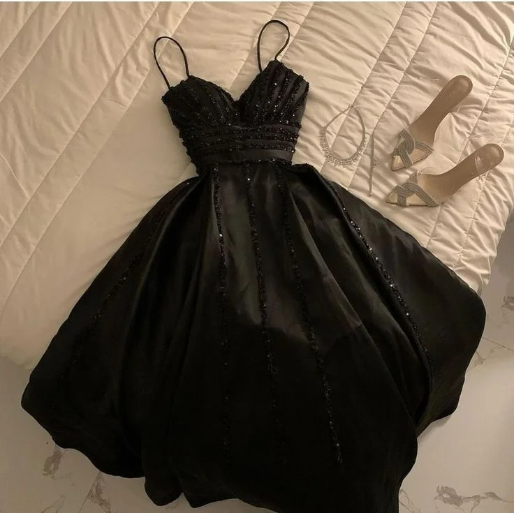 Black Straps Sequins A-Line Long Formal Party Dress Evening Gown, DP3485 Tunics Handmade artisanal