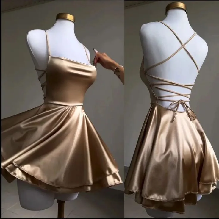 Lovely Gold Straps A-Line Satin Short Party Dress Homecoming Dress MD7467 Tunics Versatile functional