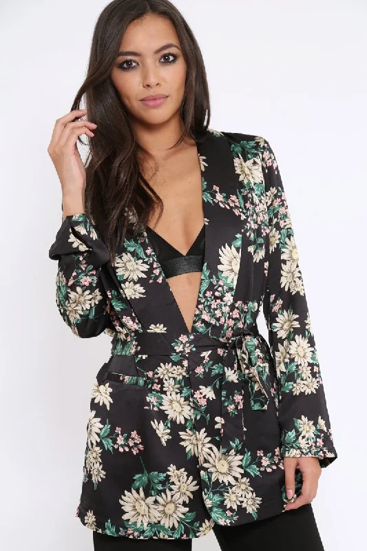 Black Floral Satin Blazer Dress - Erica Women's Vintage Suit